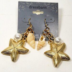 2/$30 Gold tone Textured Starfish, Shell, Beaded Dangle Earrings 2.25" Jewelry